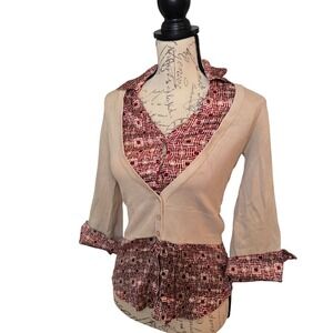 Bebe Women Silk Blend Layered Cardigan Blouse Top Burgundy Beige Geometric M
